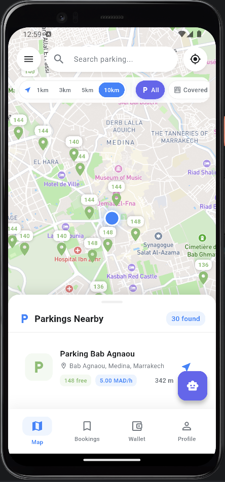 Écran de l'application Parkingo